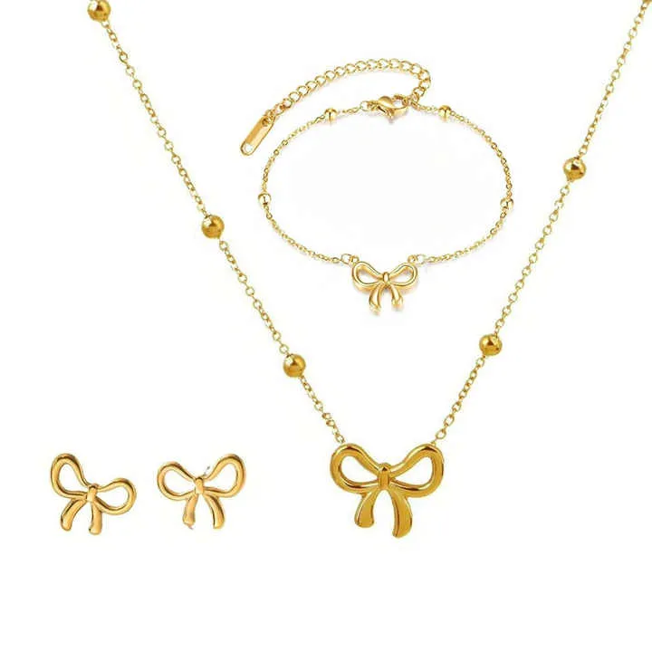 طقم قلادة وأقراط وسوار على شكل فيونكة - Stainless Steel Bow Necklace Bracelet Earring