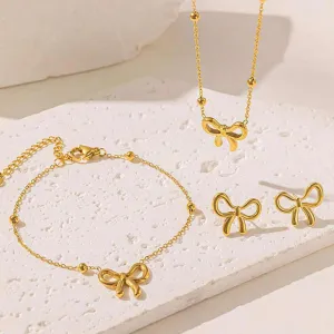 طقم قلادة وأقراط وسوار على شكل فيونكة - Stainless Steel Bow Necklace Bracelet Earring