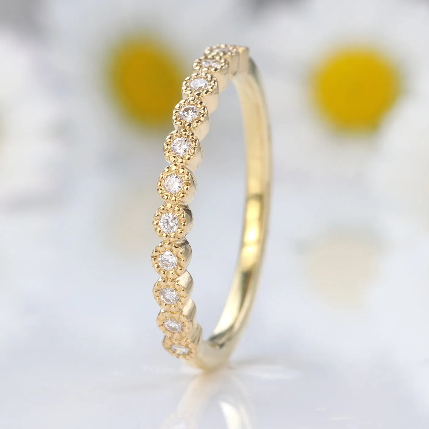 18ct Gold Milgrain Engraved Diamond Wedding Ring
