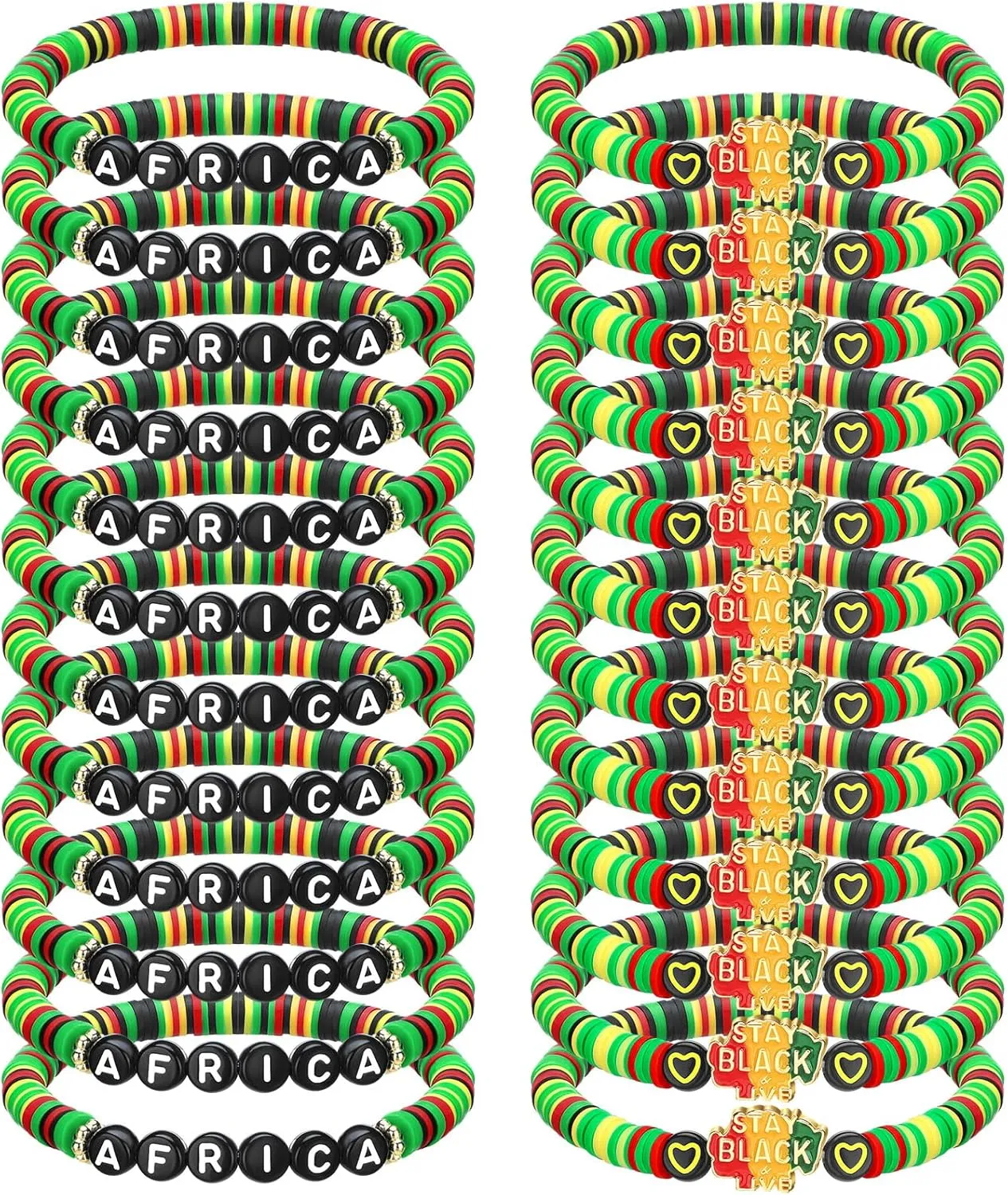 24 Pcs Juneteenth Clay Bracelets Adjustable African Beaded Bracelet African Vinyl Clay Beaded Bracelets Ethnic Tribal Letter Stay Black Live Jewelry Africa Map Heart for Party Favors