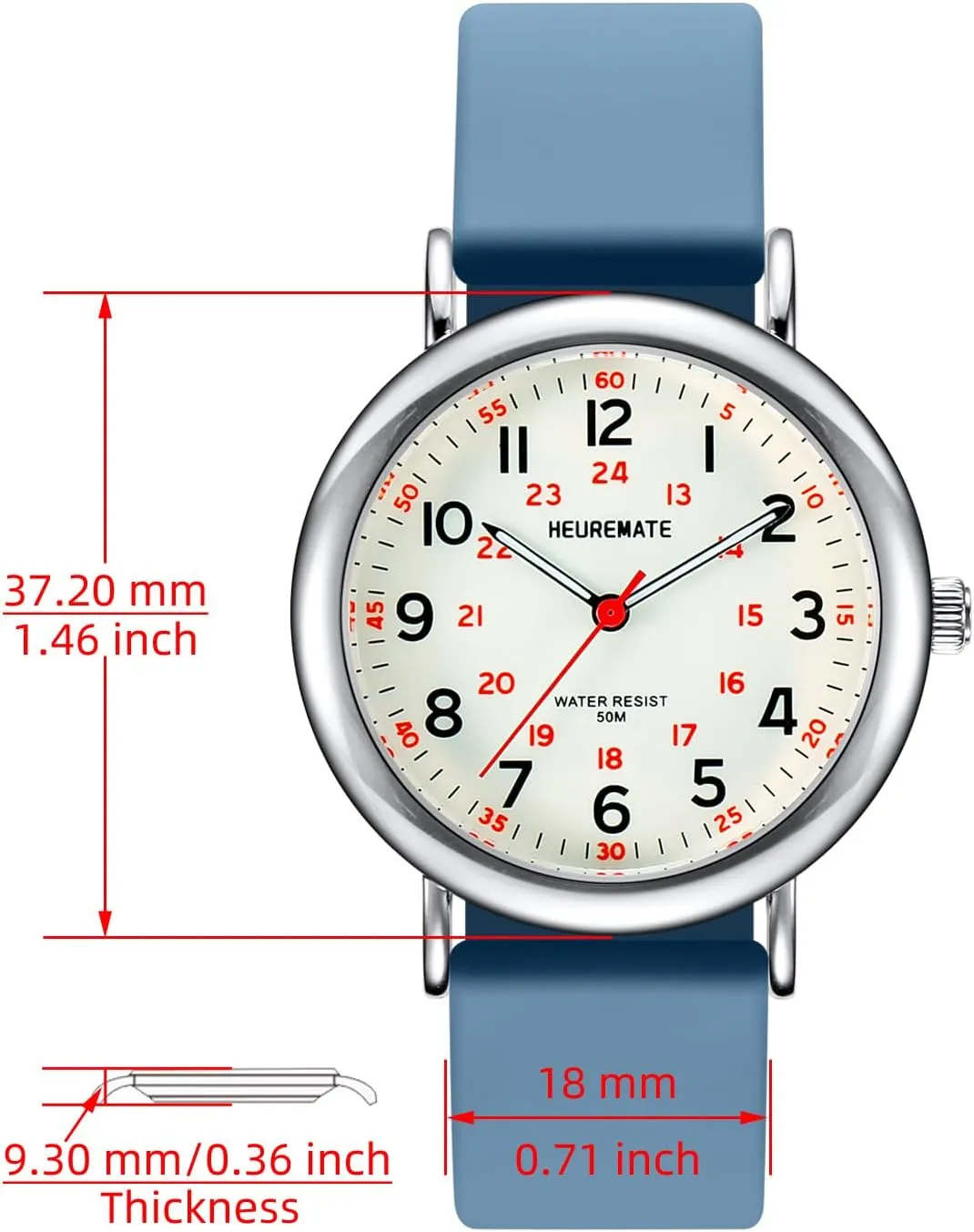 5ATM Waterproof Simple Unisex Analog Watch, Medical Professional Nurse Watch with Luminous Easy-Read Dial, Military Time, 24-Hour Second Hand, Silicone Band for Students, Fashion Women Men
