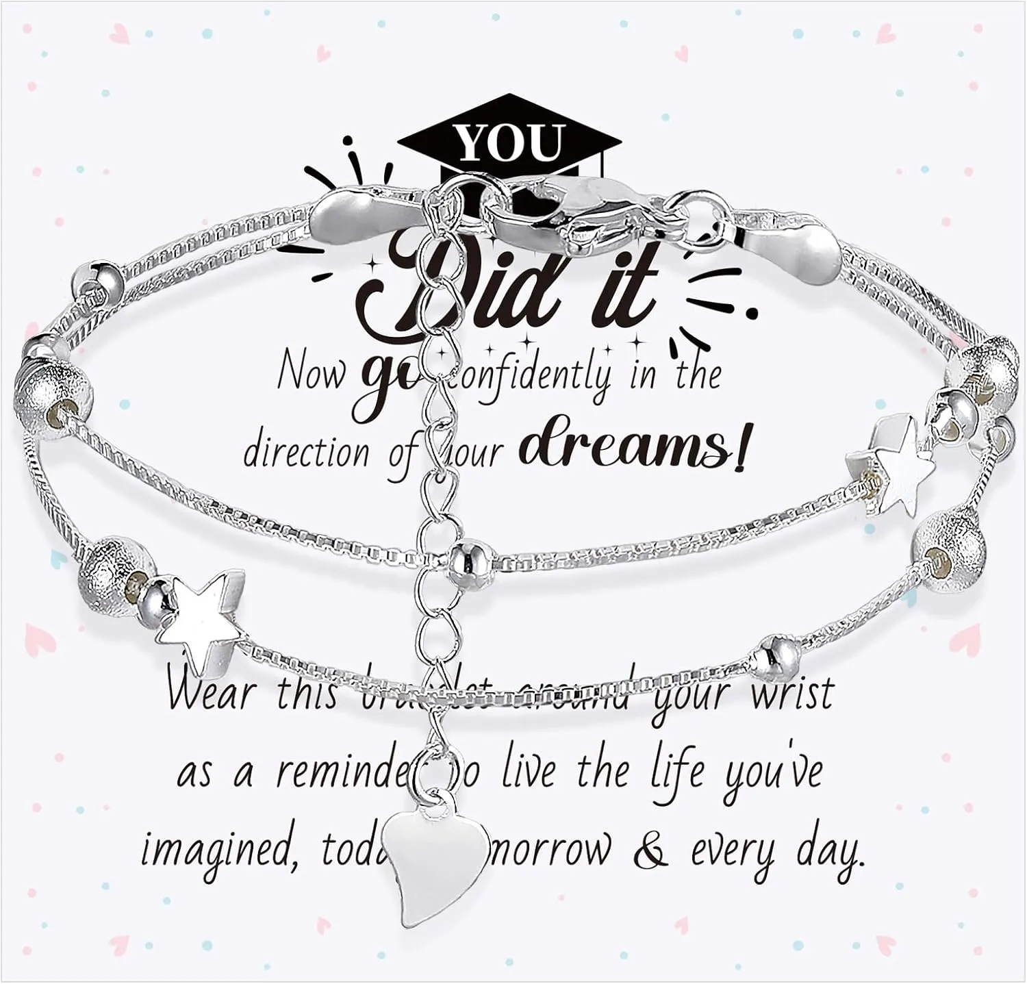 6 Sets 2025 Graduation Gift for Her Graduation Bracelet for Daughter Friends Granddaughter, Silver Bracelet with Incentive Card, Class of 2025 Graduate Gifts Adjustable Suitable Star Shaped