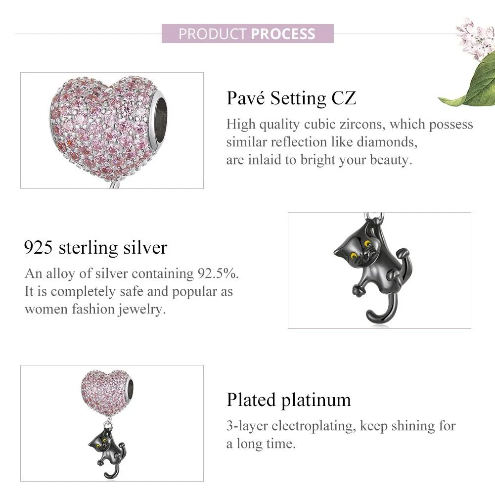 925 Sterling Silver Heart Cat Pendant For Diy Bracelets & Necklaces