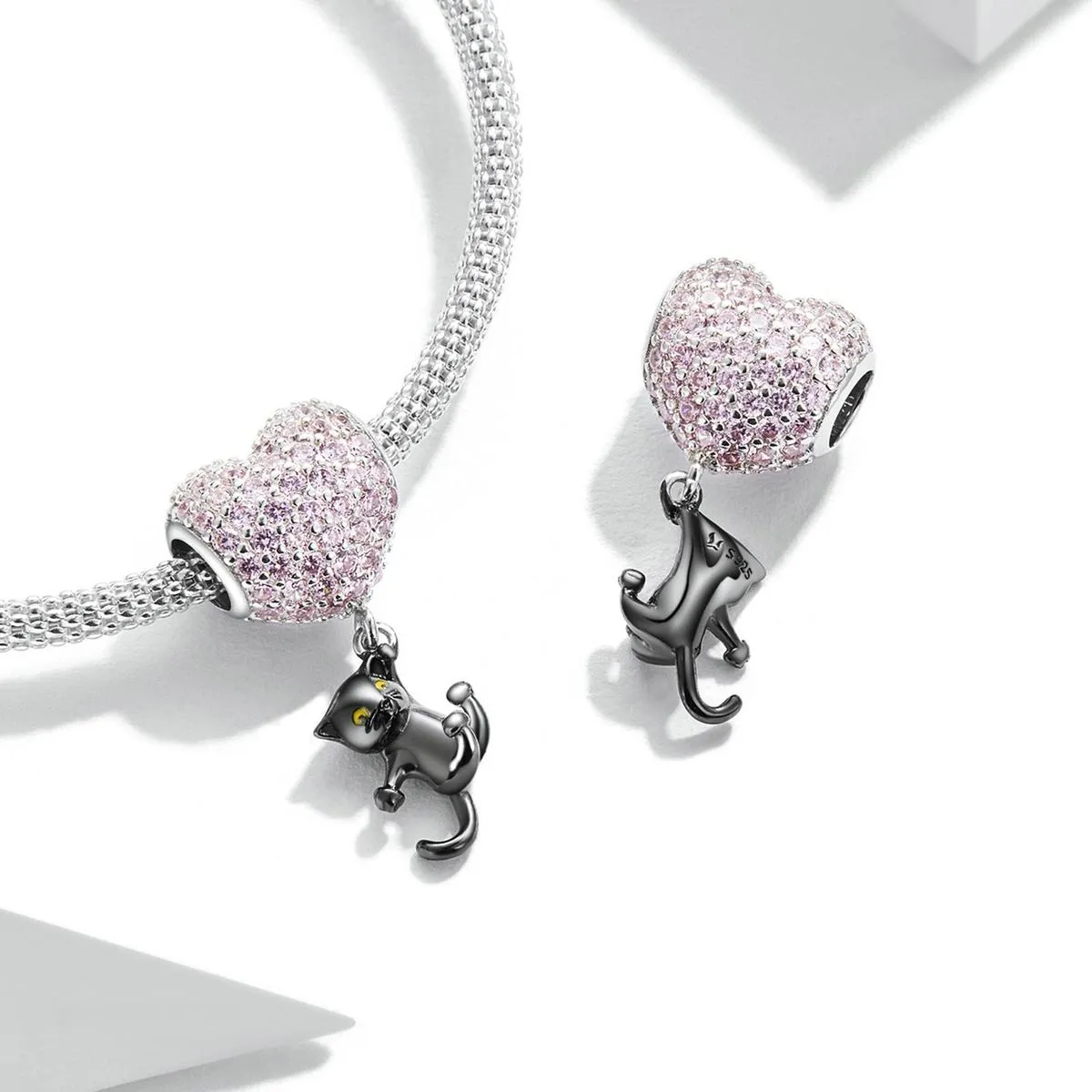 925 Sterling Silver Heart Cat Pendant For Diy Bracelets & Necklaces