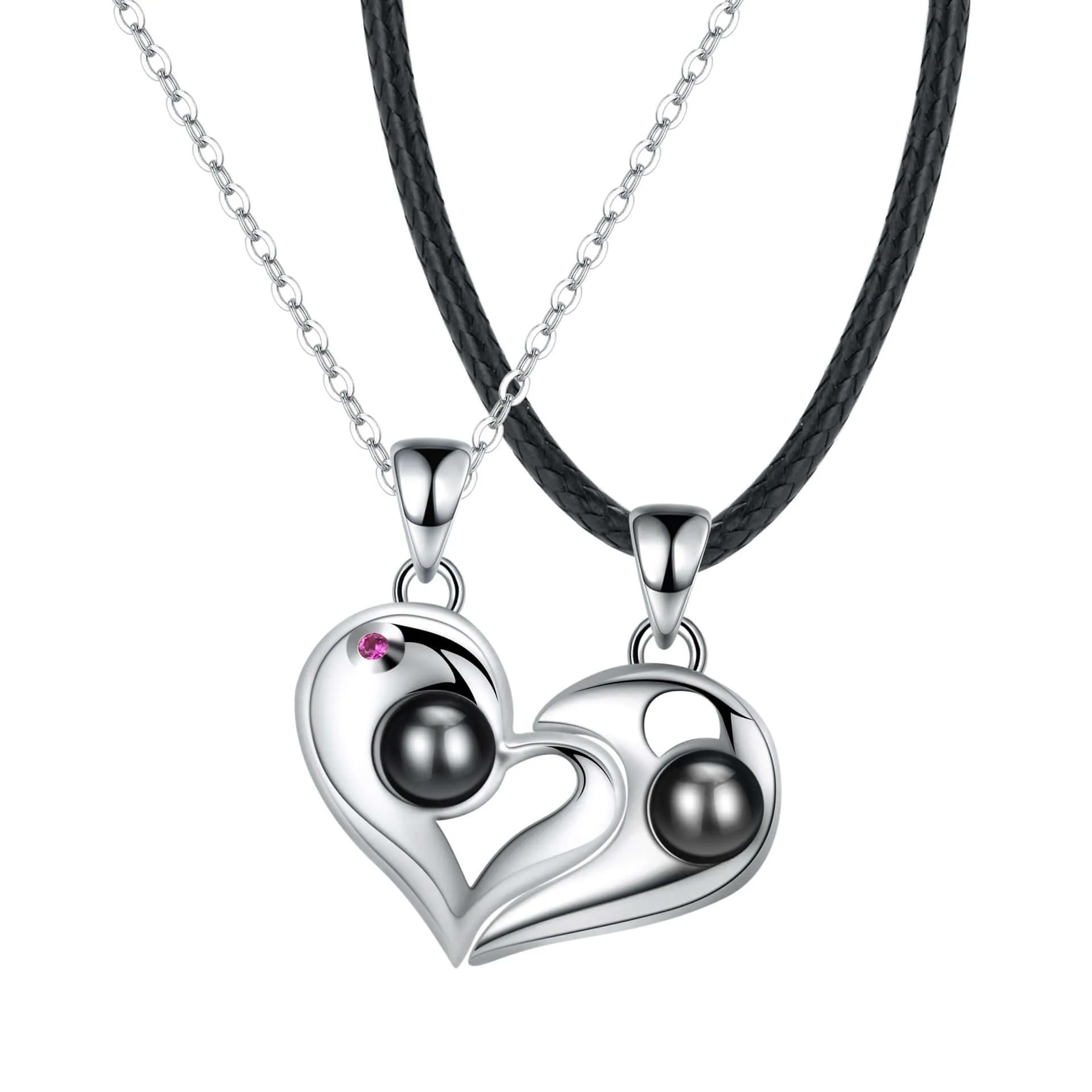 925 Sterling Silver Heart-Shaped Couples Photo Projection Necklaces