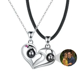 925 Sterling Silver Heart-Shaped Couples Photo Projection Necklaces