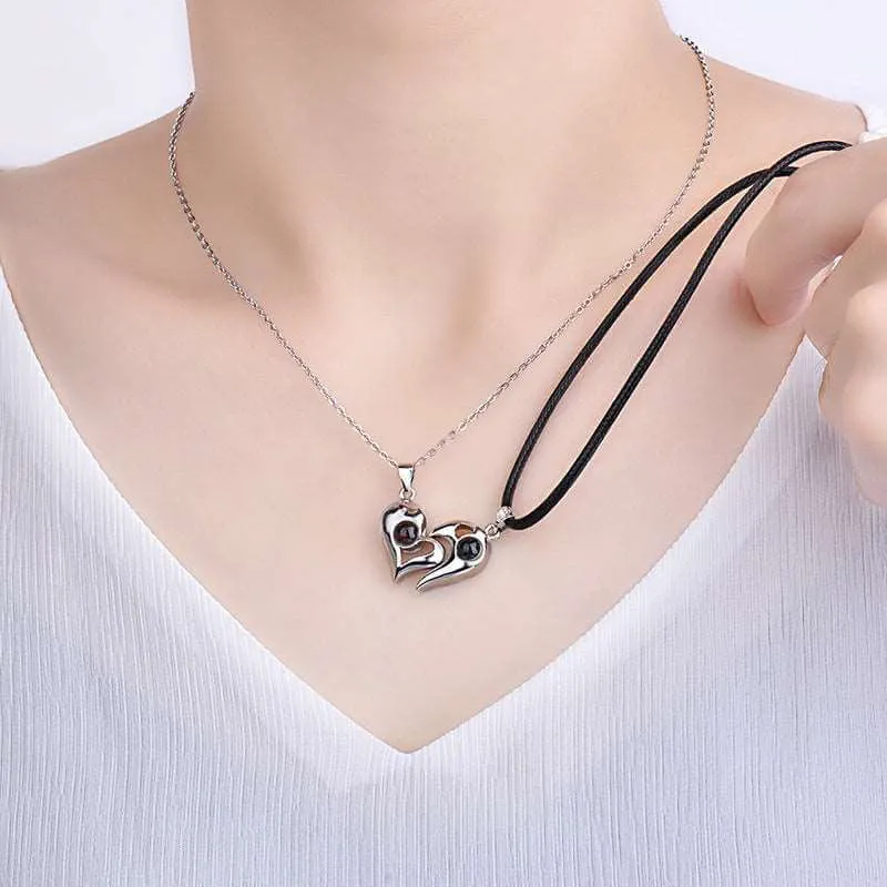 925 Sterling Silver Heart-Shaped Couples Photo Projection Necklaces