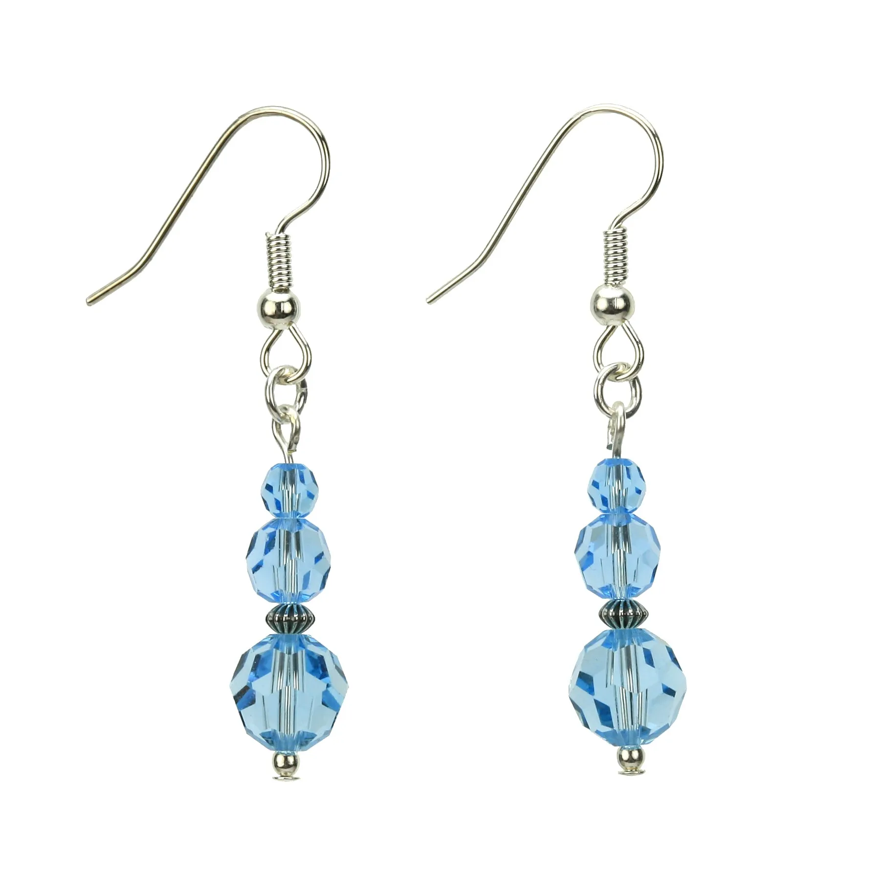 Aquamarine Three Bead March Birthstone Silver Earrings