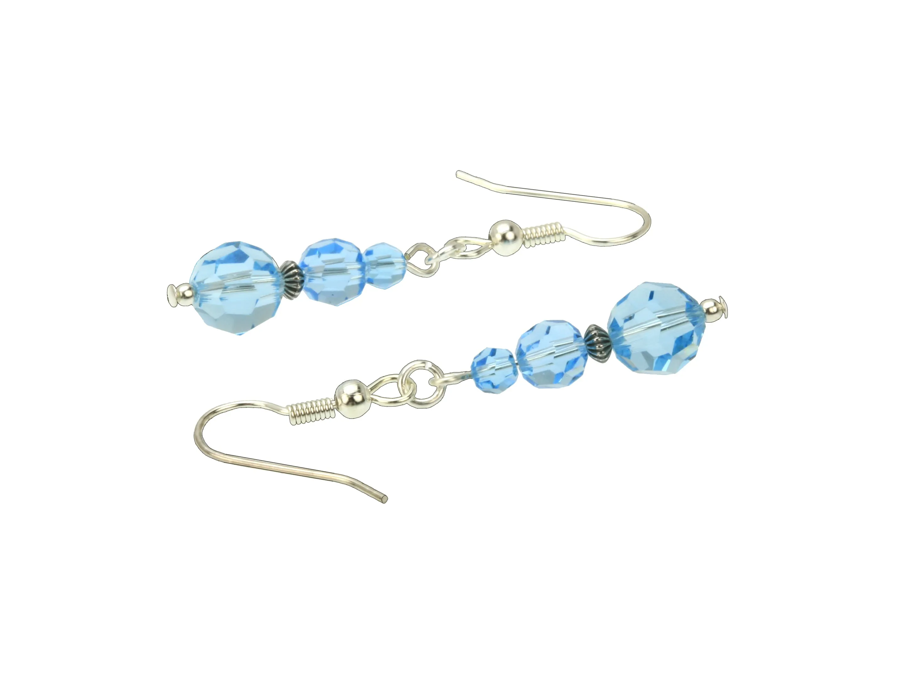 Aquamarine Three Bead March Birthstone Silver Earrings