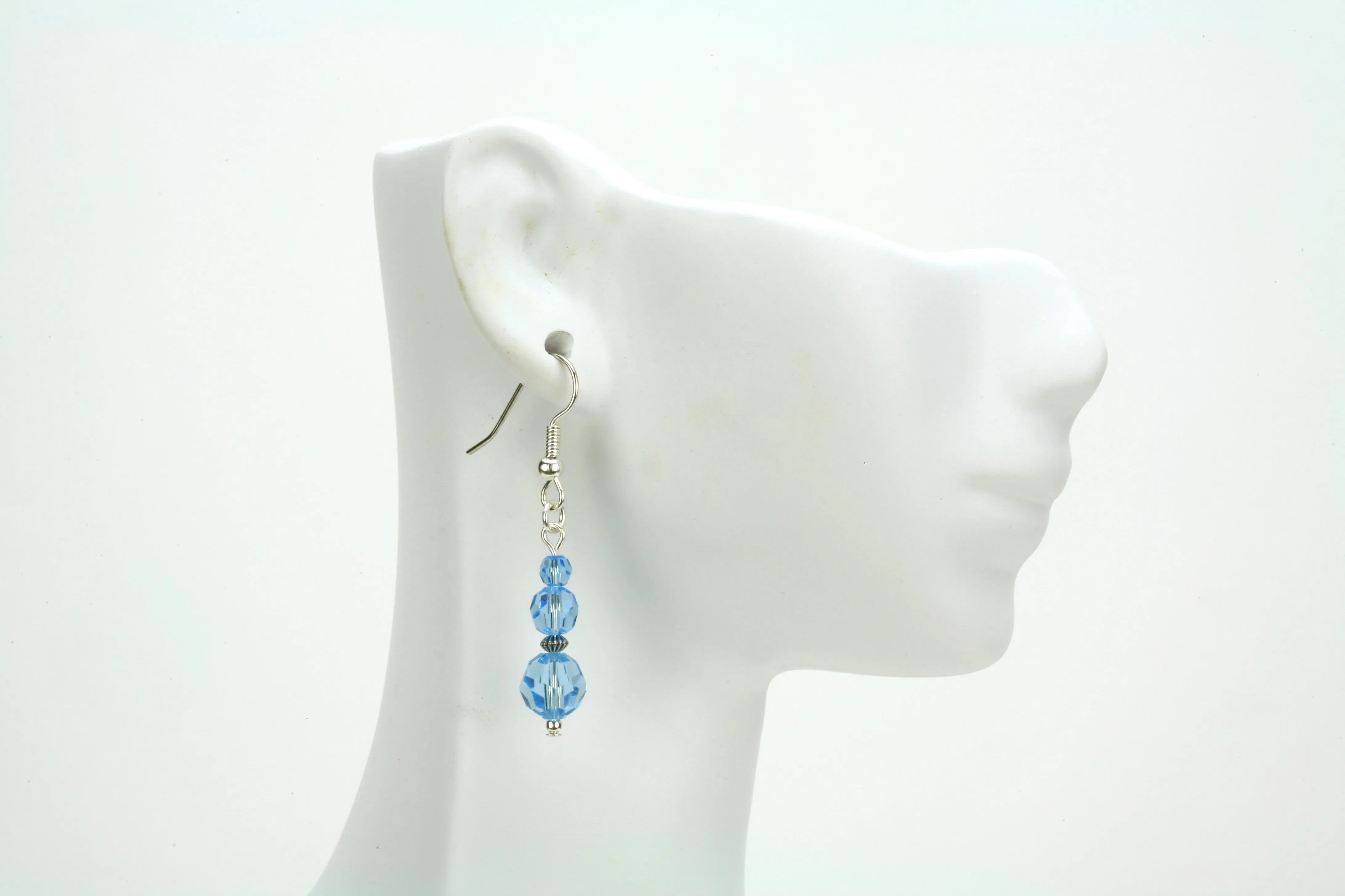 Aquamarine Three Bead March Birthstone Silver Earrings