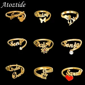 Atoztide Custom Names RingsStainless Steel Adjustable ButterflyOpen Size Wedding Letter Circle for Women Unique JewelryGifts