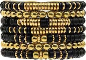 Black White Gold Bracelets 7PCS, Graduation Bracelets Stretch Elastic Stackable for Women Man Summer Beach Layering Jewelry Set 2025 New Year Party Supplies Friendship Gift