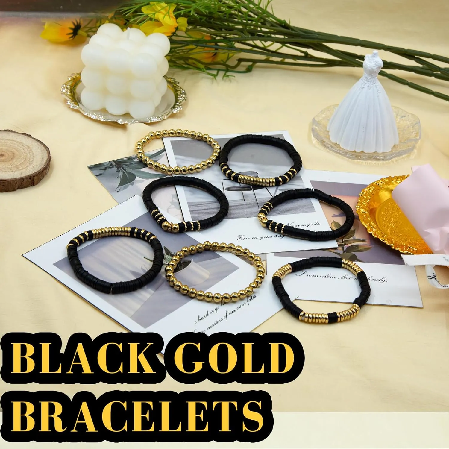 Black White Gold Bracelets 7PCS, Graduation Bracelets Stretch Elastic Stackable for Women Man Summer Beach Layering Jewelry Set 2025 New Year Party Supplies Friendship Gift