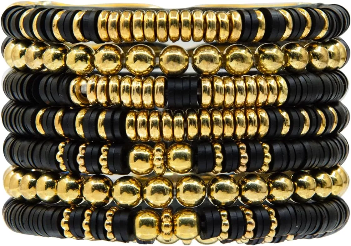 Black White Gold Bracelets 7PCS, Graduation Bracelets Stretch Elastic Stackable for Women Man Summer Beach Layering Jewelry Set 2025 New Year Party Supplies Friendship Gift