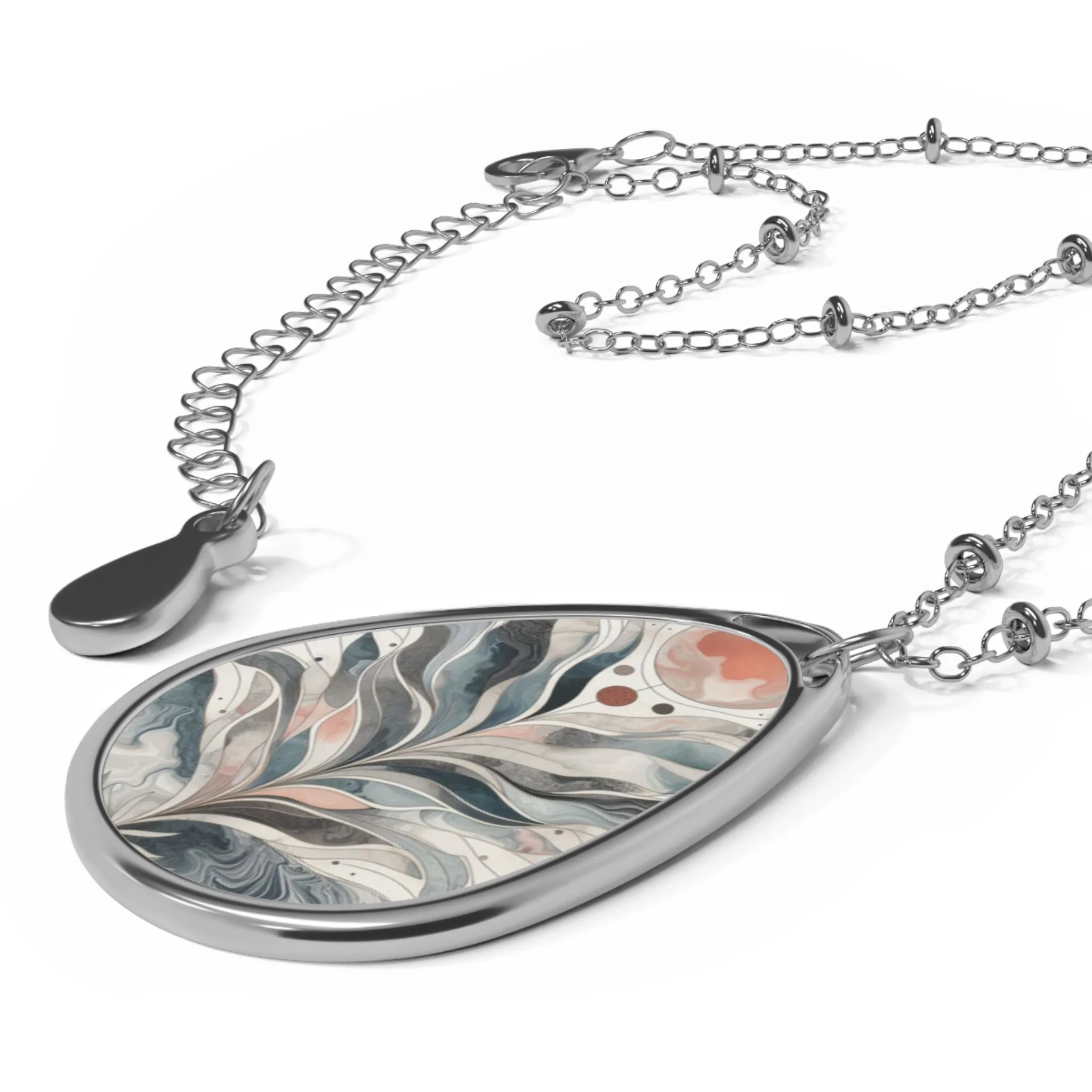 Boho pattern traditional marbling art Oval Necklace