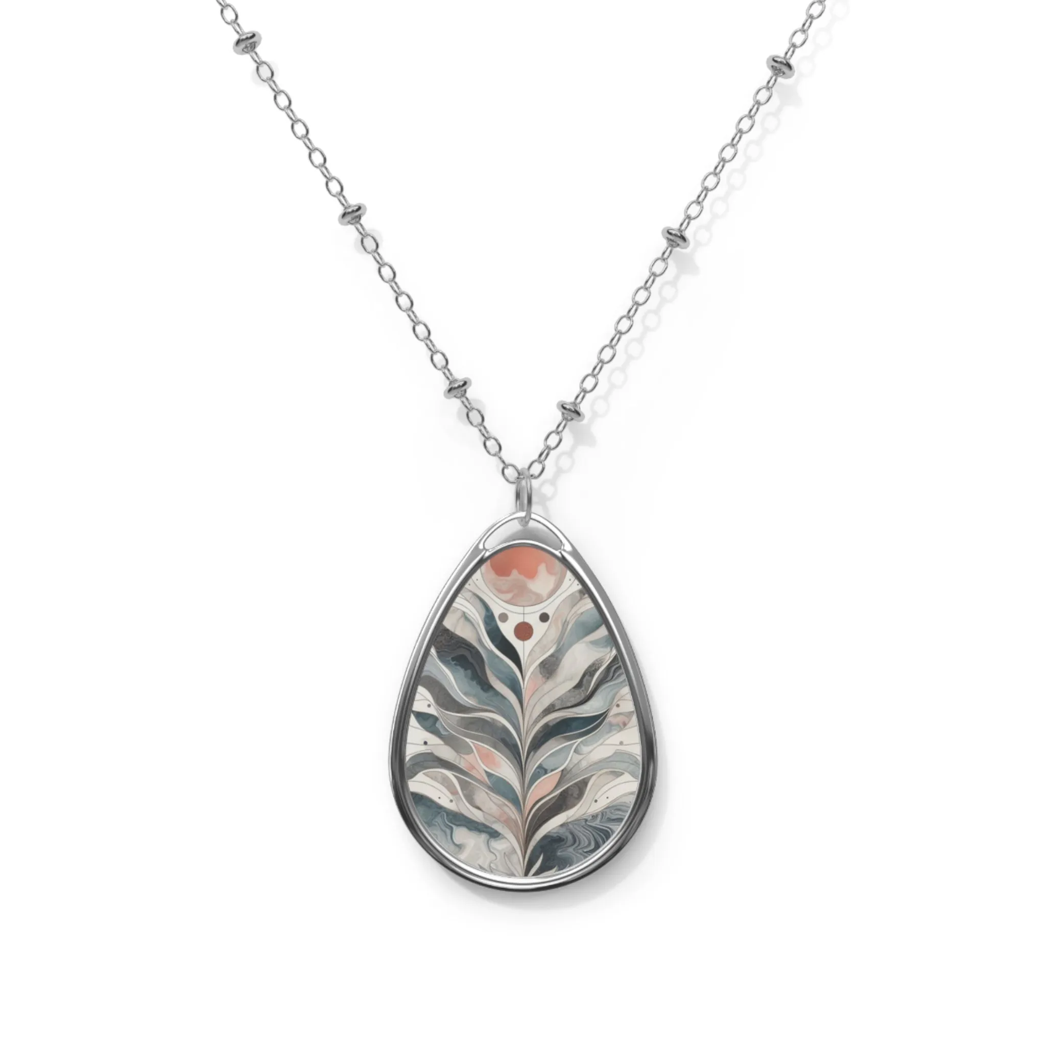 Boho pattern traditional marbling art Oval Necklace
