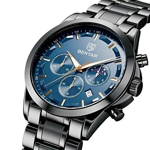 BY BENYAR Men's Watches Analog Quartz Chronograph Waterproof Stainless Steel Wrist Watches for Men Business Work Casual Sport Black Mens Dress Watch Unique Elegant Gifts for Men