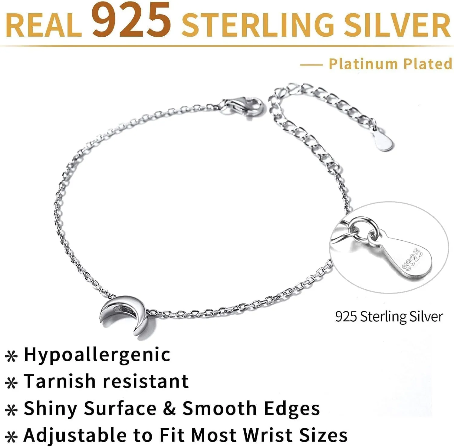ChicSilver Personalized Tiny Heart/Star/Moon/Dot/Lotus Bracelet, Sterling Silver Dainty Link Chain Bracelet for Women Silver/Gold/Rose Gold(with Gift Box)
