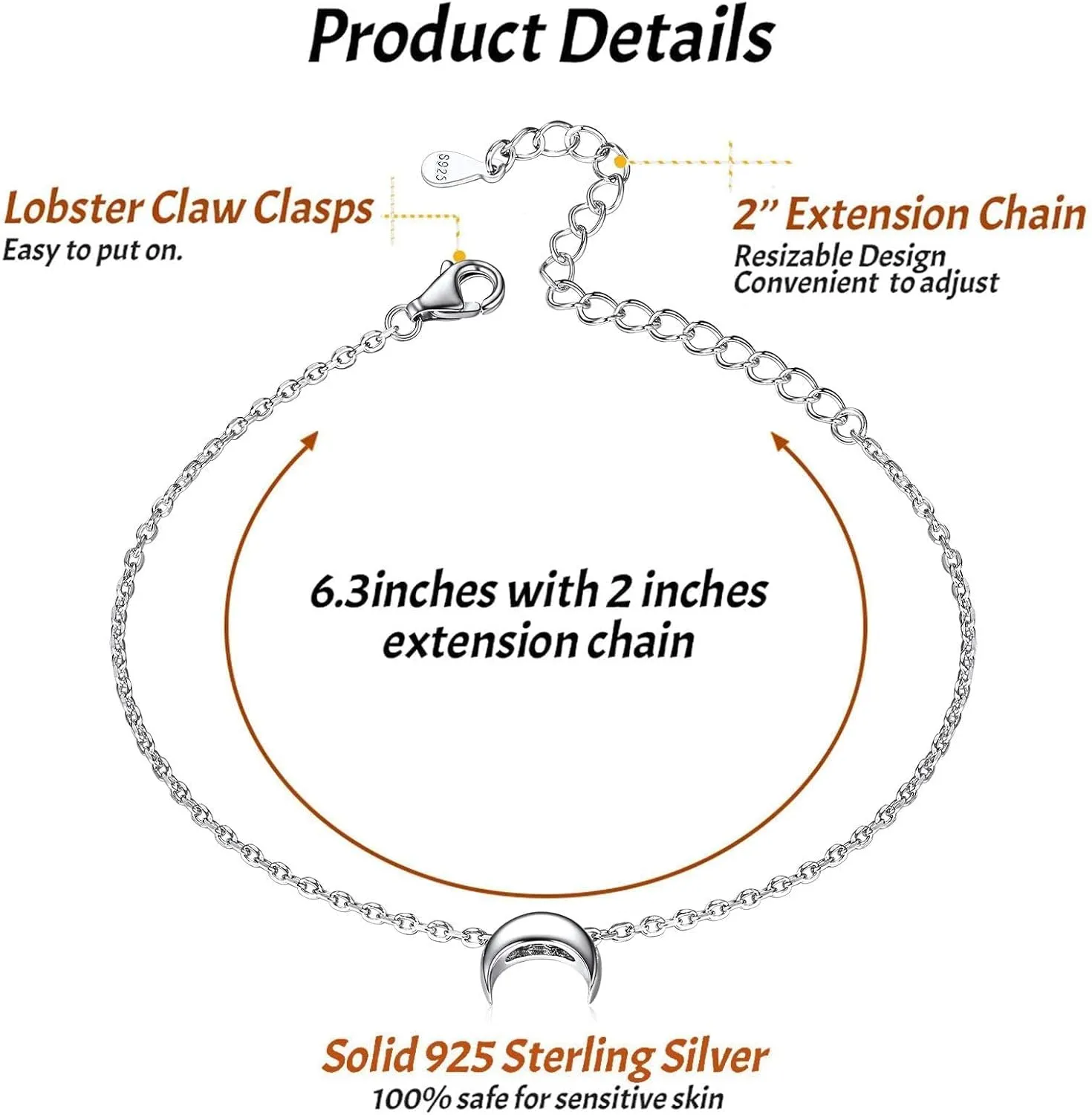 ChicSilver Personalized Tiny Heart/Star/Moon/Dot/Lotus Bracelet, Sterling Silver Dainty Link Chain Bracelet for Women Silver/Gold/Rose Gold(with Gift Box)