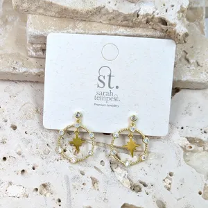 Circle and CZ drop earrings with 8 point hanging star element