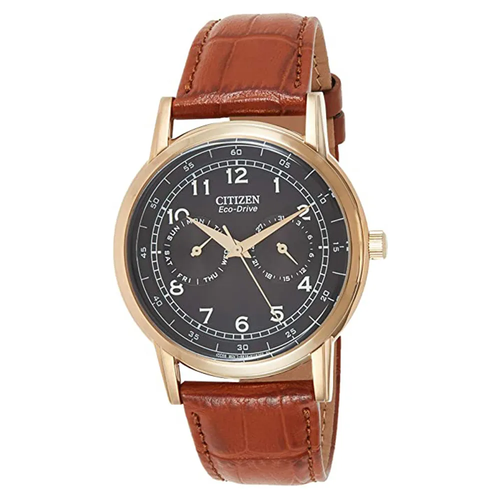 Citizen Mens Eco-Drive Black Dial Brown Leather Band Stainless Steel Wrist Watch - AO9003-08E