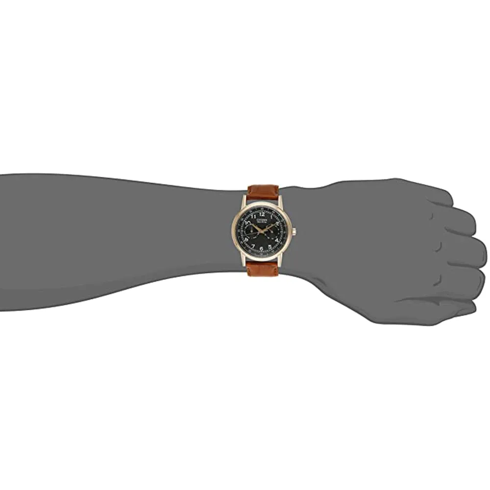 Citizen Mens Eco-Drive Black Dial Brown Leather Band Stainless Steel Wrist Watch - AO9003-08E