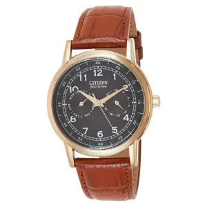 Citizen Mens Eco-Drive Black Dial Brown Leather Band Stainless Steel Wrist Watch - AO9003-08E