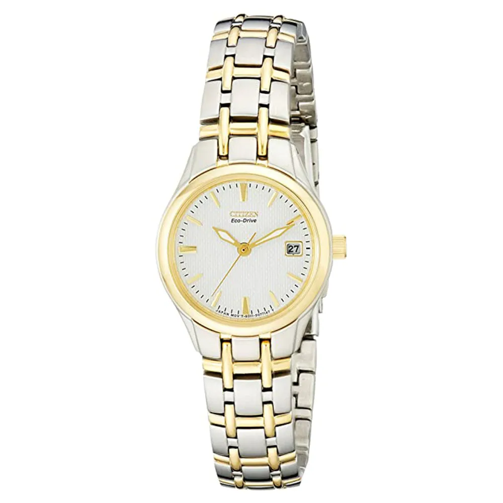 Citizen Womens Eco-Drive White Dial Silver Band Gold Stainless-Steel Sport Watch - EW1264-50A