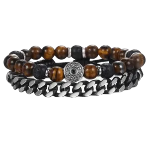 Cuban Link Tigers Eye Tribal Beaded Bracelet