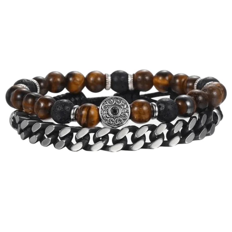 Cuban Link Tigers Eye Tribal Beaded Bracelet