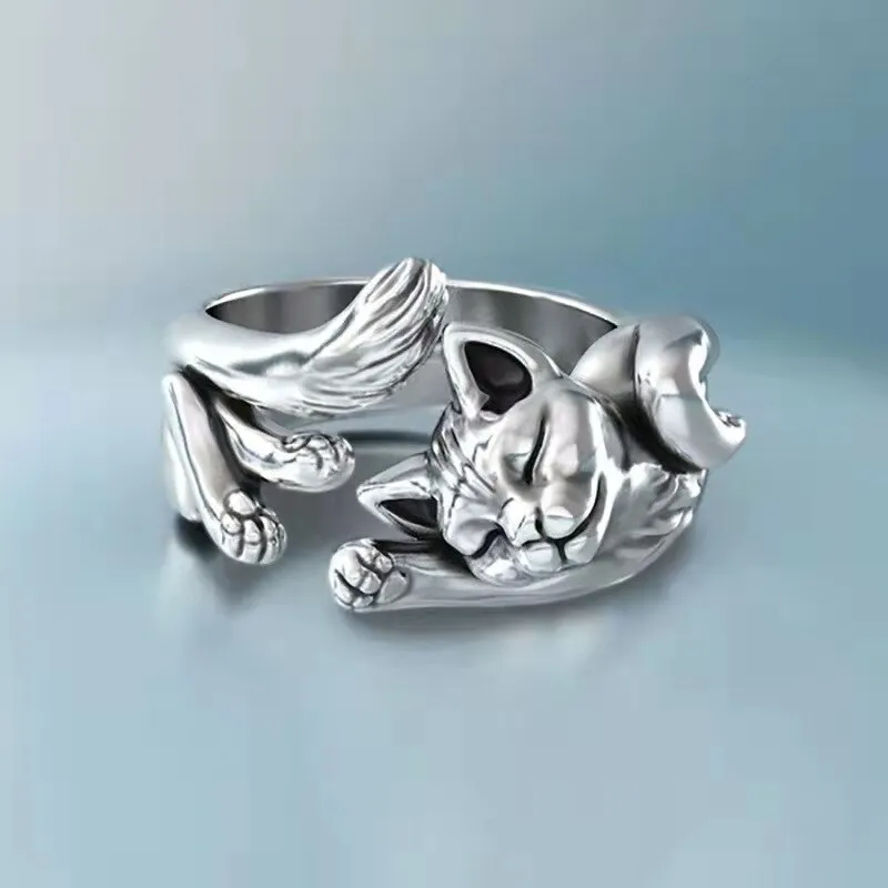Cute Blue Eyes Bulldog Ring Animal Pet Cat Dog Silver Color Rings Women Men Fashion Simplicity Jewelry Gift Resizable