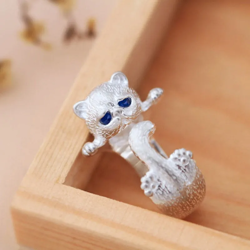 Cute Blue Eyes Bulldog Ring Animal Pet Cat Dog Silver Color Rings Women Men Fashion Simplicity Jewelry Gift Resizable