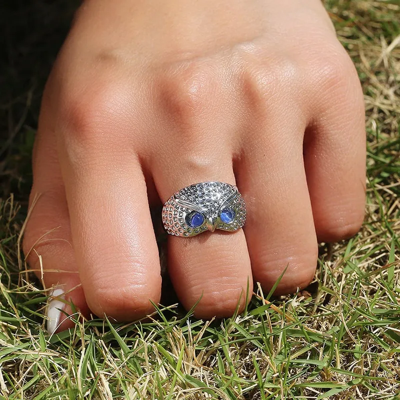 Cute Rhinestone Owl Ring Blue Eyes Simple Style Girl Woman Popular Ring Fashion Men Jewelry Gifts Adjustable