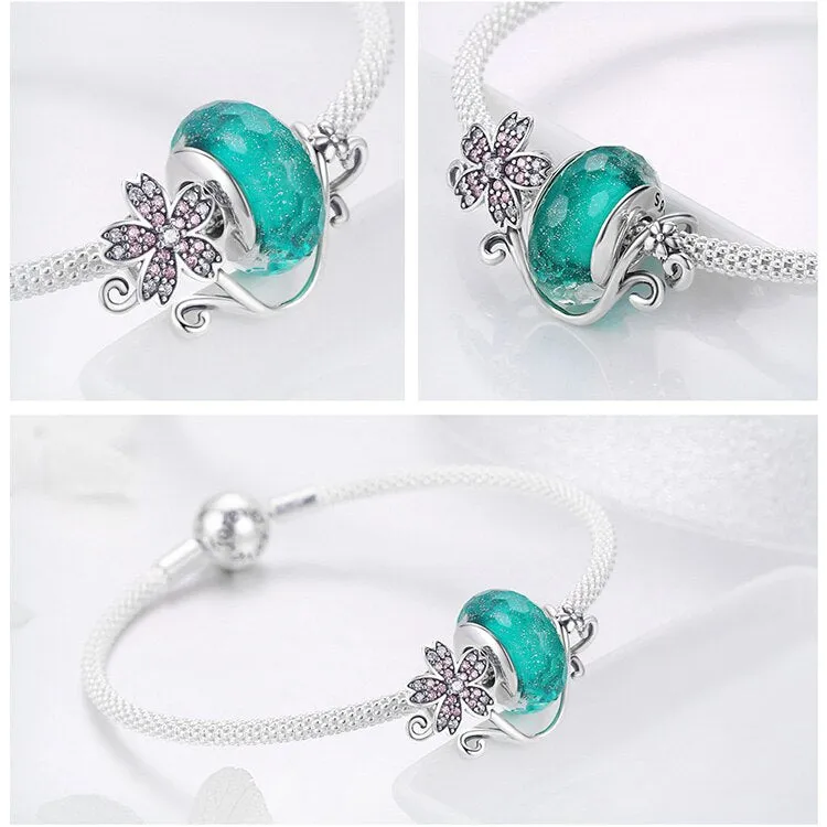 Daisy Flower Green Glass Beads Strand Charms Bracelet