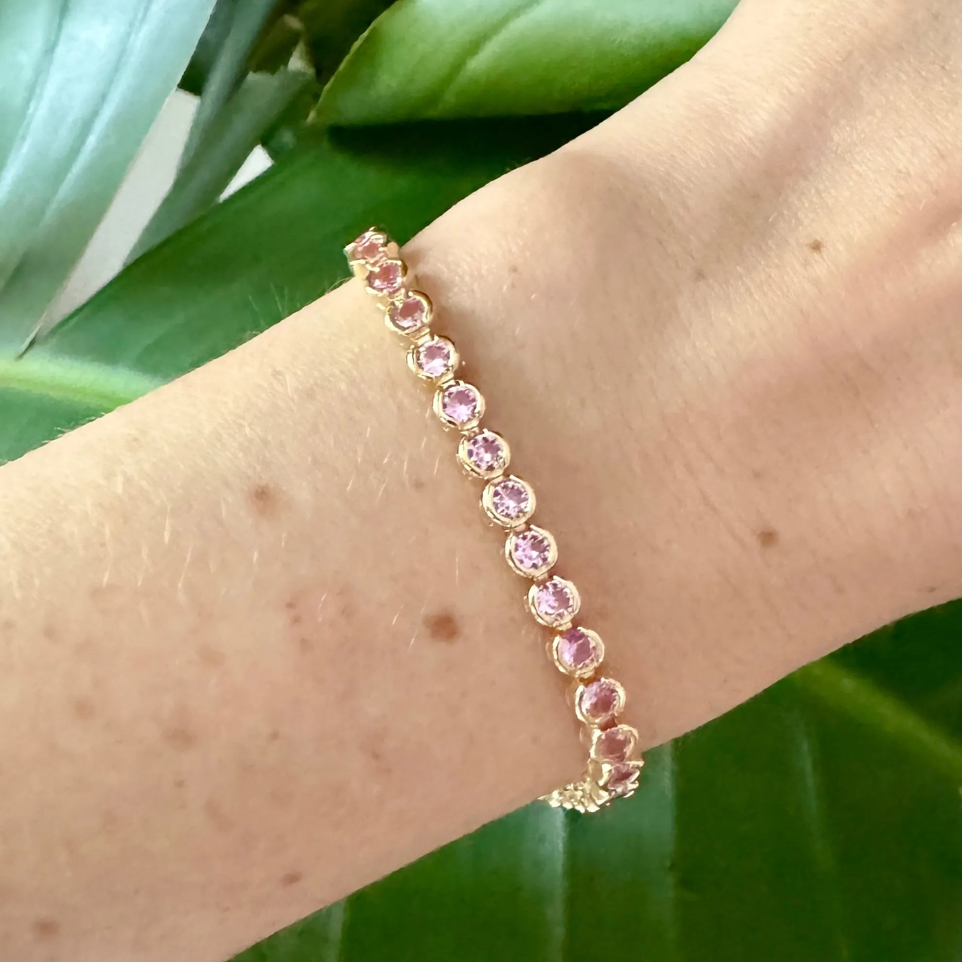 Delicate Pink Crystal Bezel Gold Tennis Bracelet