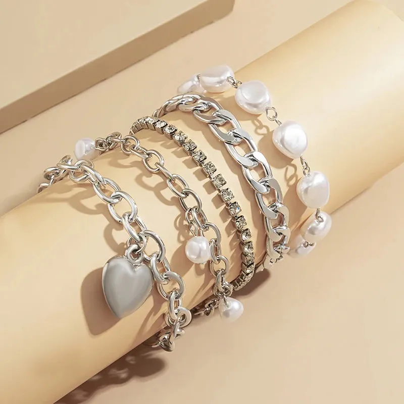 Elegant Crystal Heart Lovers 5-Pcs Bracelet Set