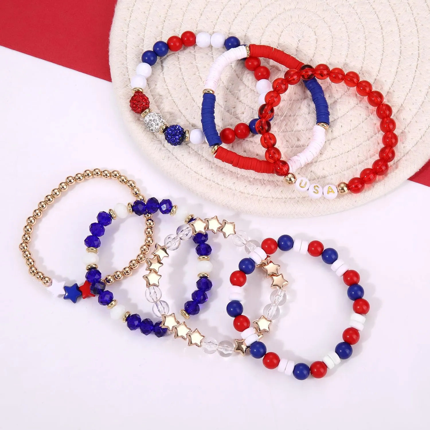 FAERLIIRY 4th of July Bracelets Red White Blue Bracelets American Flag USA Clay Beaded Bracelet Heishi Stretch Stackable Bracelets Patriotic Friendship Bracelet Surfer Preppy Summer Beach Jewelry