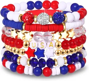 FAERLIIRY 4th of July Bracelets Red White Blue Bracelets American Flag USA Clay Beaded Bracelet Heishi Stretch Stackable Bracelets Patriotic Friendship Bracelet Surfer Preppy Summer Beach Jewelry