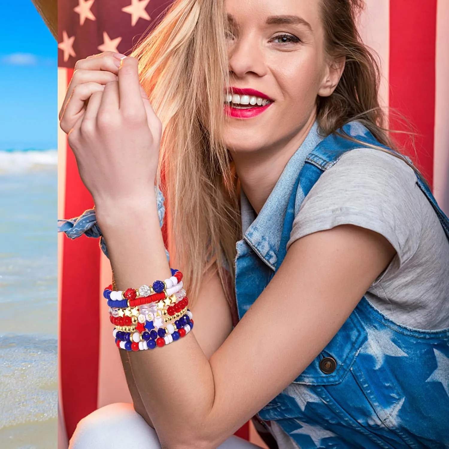 FAERLIIRY 4th of July Bracelets Red White Blue Bracelets American Flag USA Clay Beaded Bracelet Heishi Stretch Stackable Bracelets Patriotic Friendship Bracelet Surfer Preppy Summer Beach Jewelry