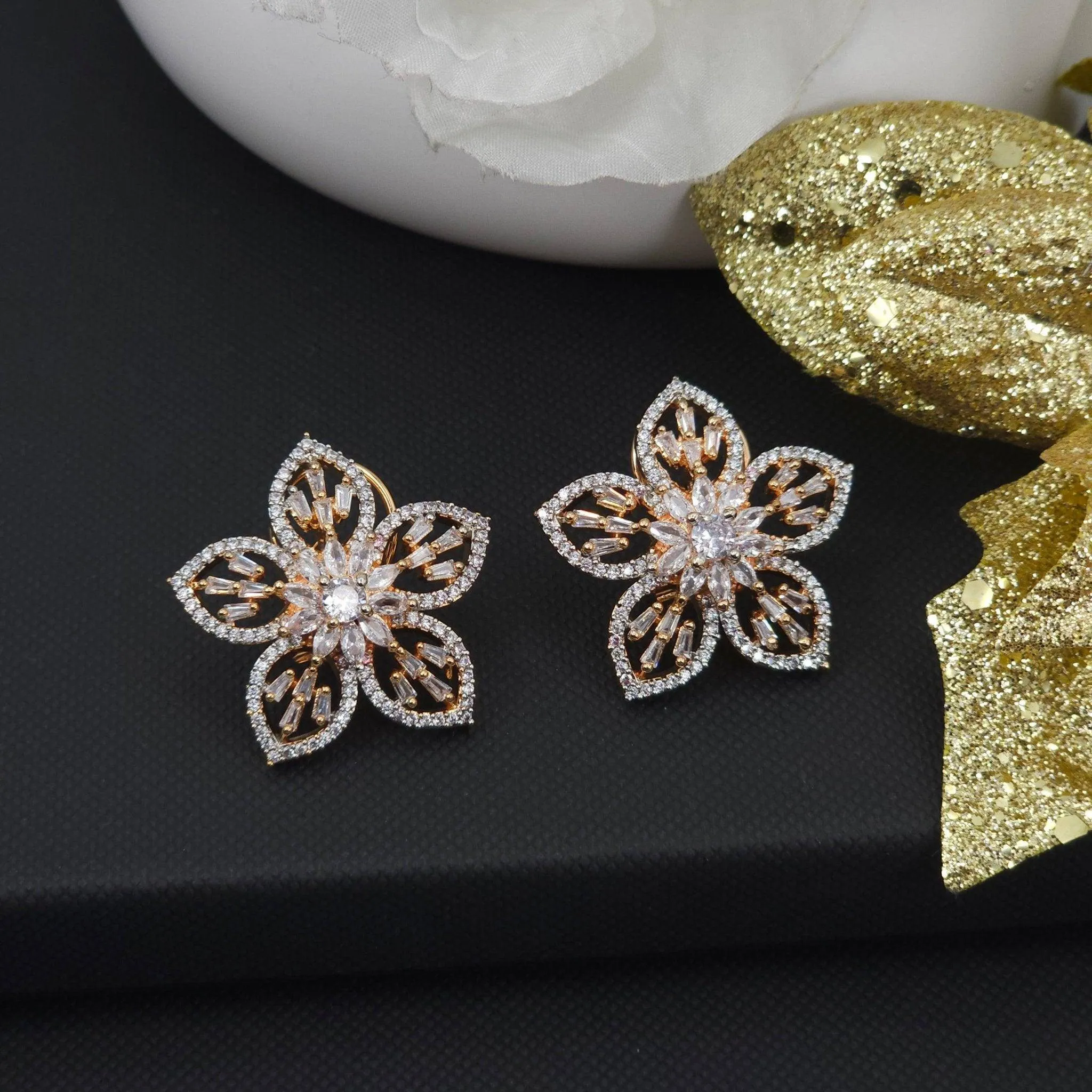 Flower style Silver AD Stud Earrings