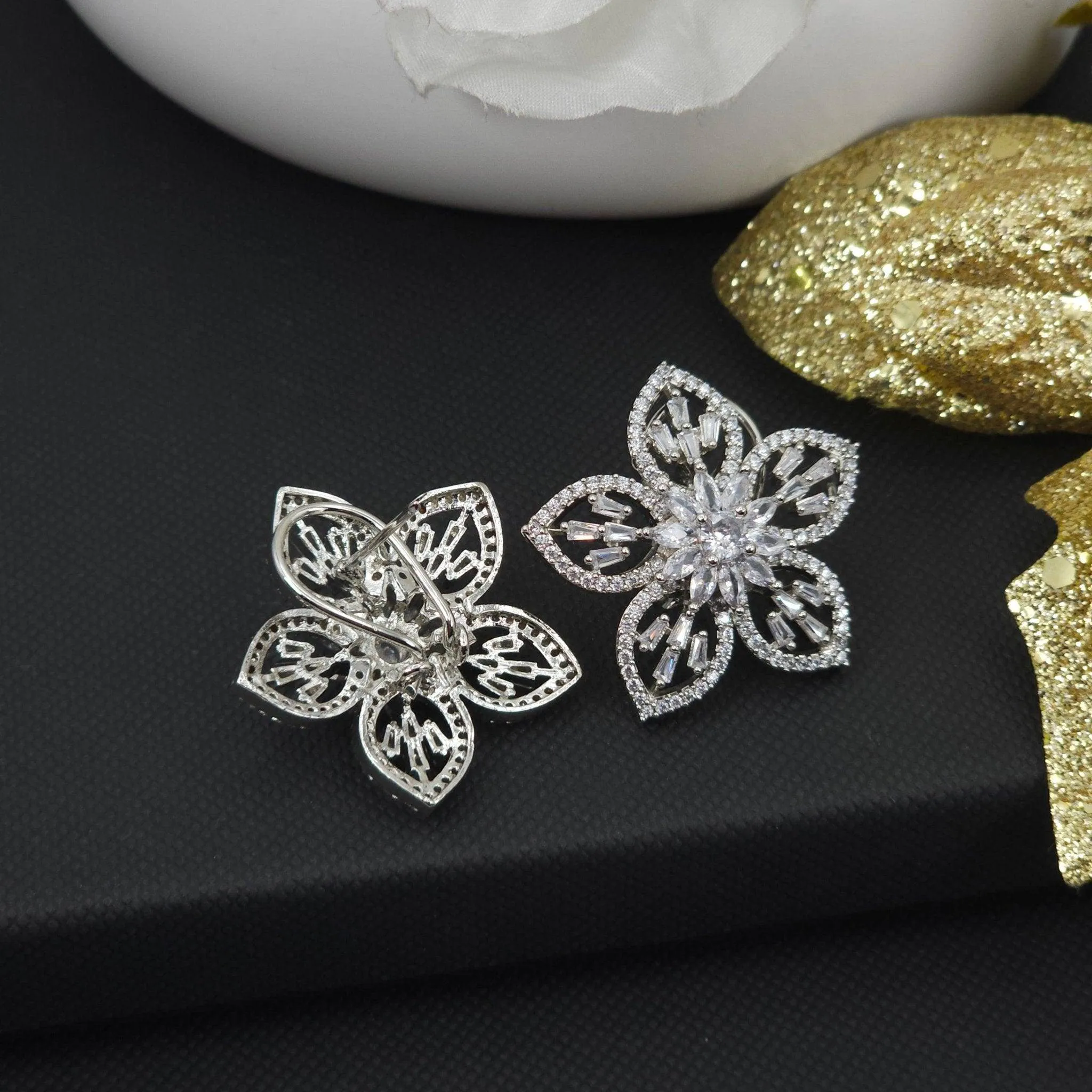 Flower style Silver AD Stud Earrings