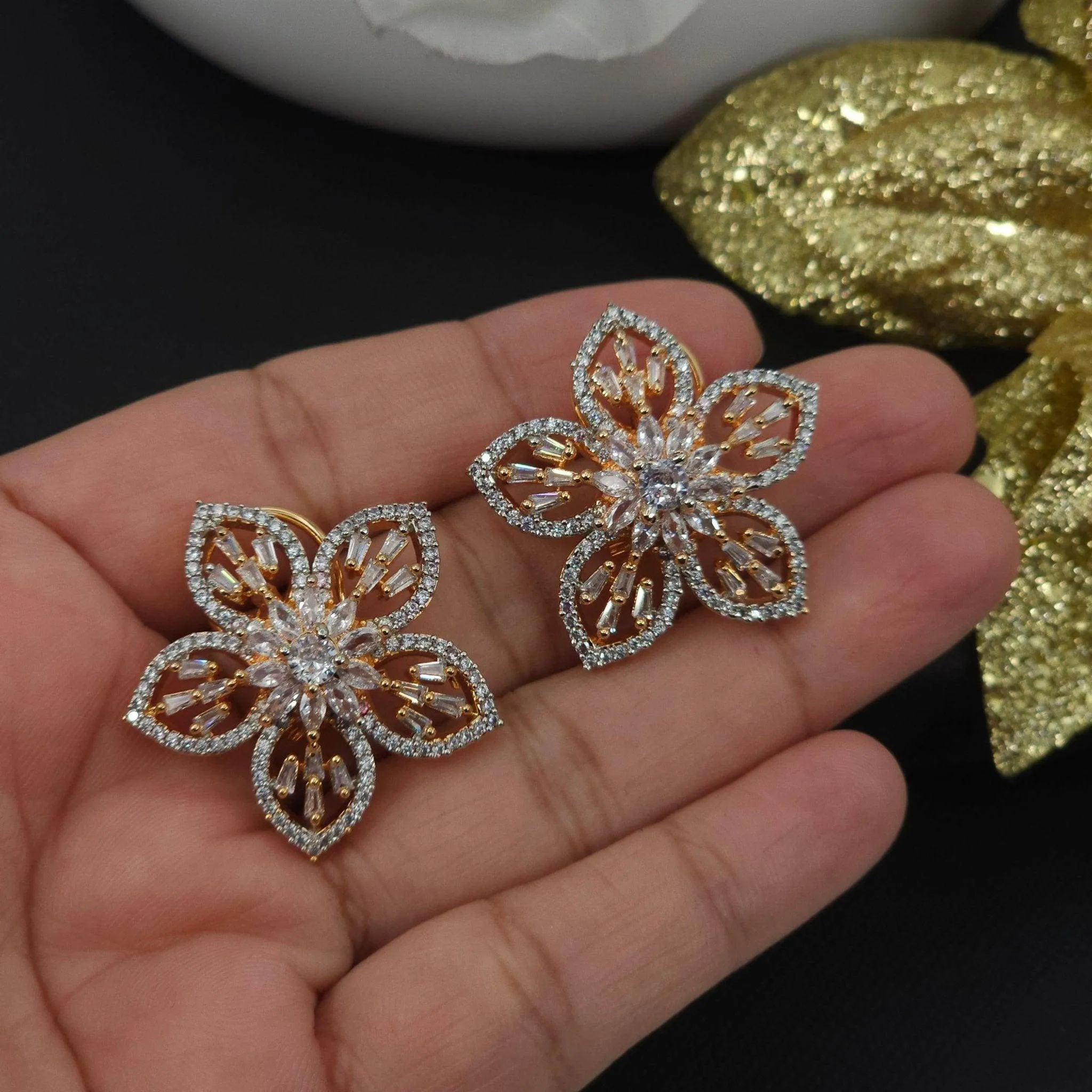 Flower style Silver AD Stud Earrings