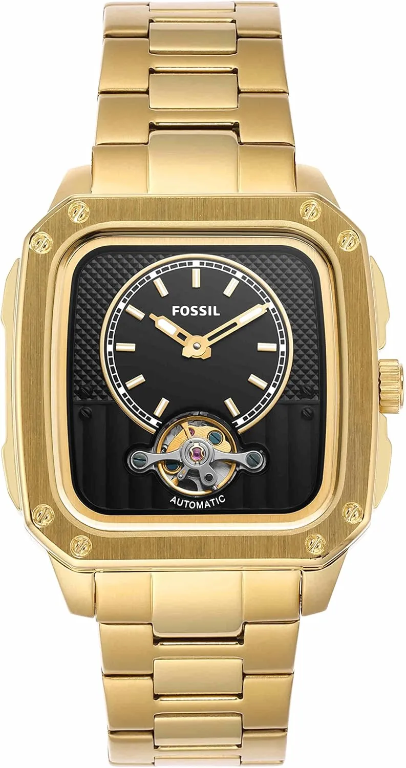 Fossil Inscription Men's Watch with Square Case and Stainless Steel, Silicone or Leather Band