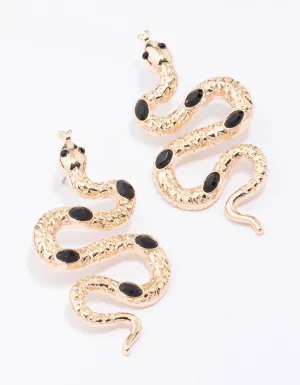 Gold & Black Stone Snake Drop Earrings