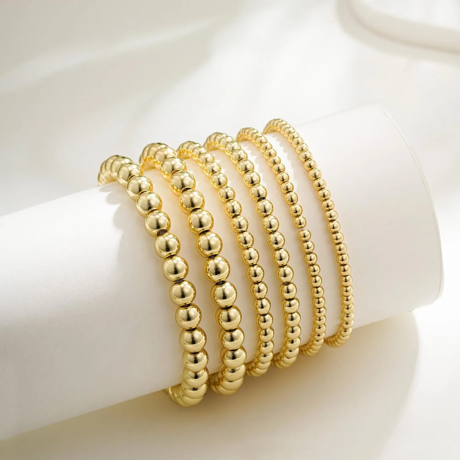 Gold Bracelets for Women, 14K Gold Plated Beaded Bracelets Gold Strand Bead Ball Bracelet Stack Set Adjustable Bracelet Set Waterproof Jewelry for Women Gifts Non Tarnish