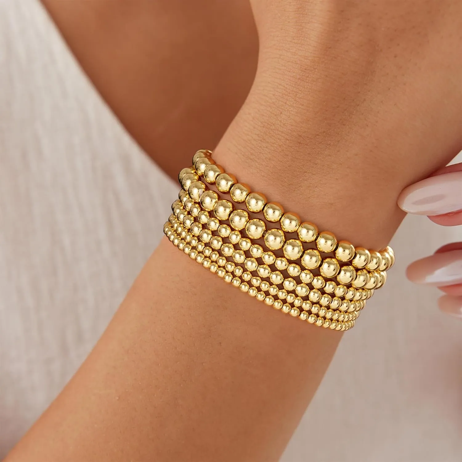 Gold Bracelets for Women, 14K Gold Plated Beaded Bracelets Gold Strand Bead Ball Bracelet Stack Set Adjustable Bracelet Set Waterproof Jewelry for Women Gifts Non Tarnish