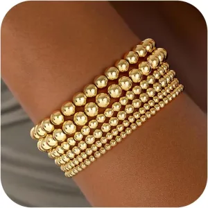 Gold Bracelets for Women, 14K Gold Plated Beaded Bracelets Gold Strand Bead Ball Bracelet Stack Set Adjustable Bracelet Set Waterproof Jewelry for Women Gifts Non Tarnish