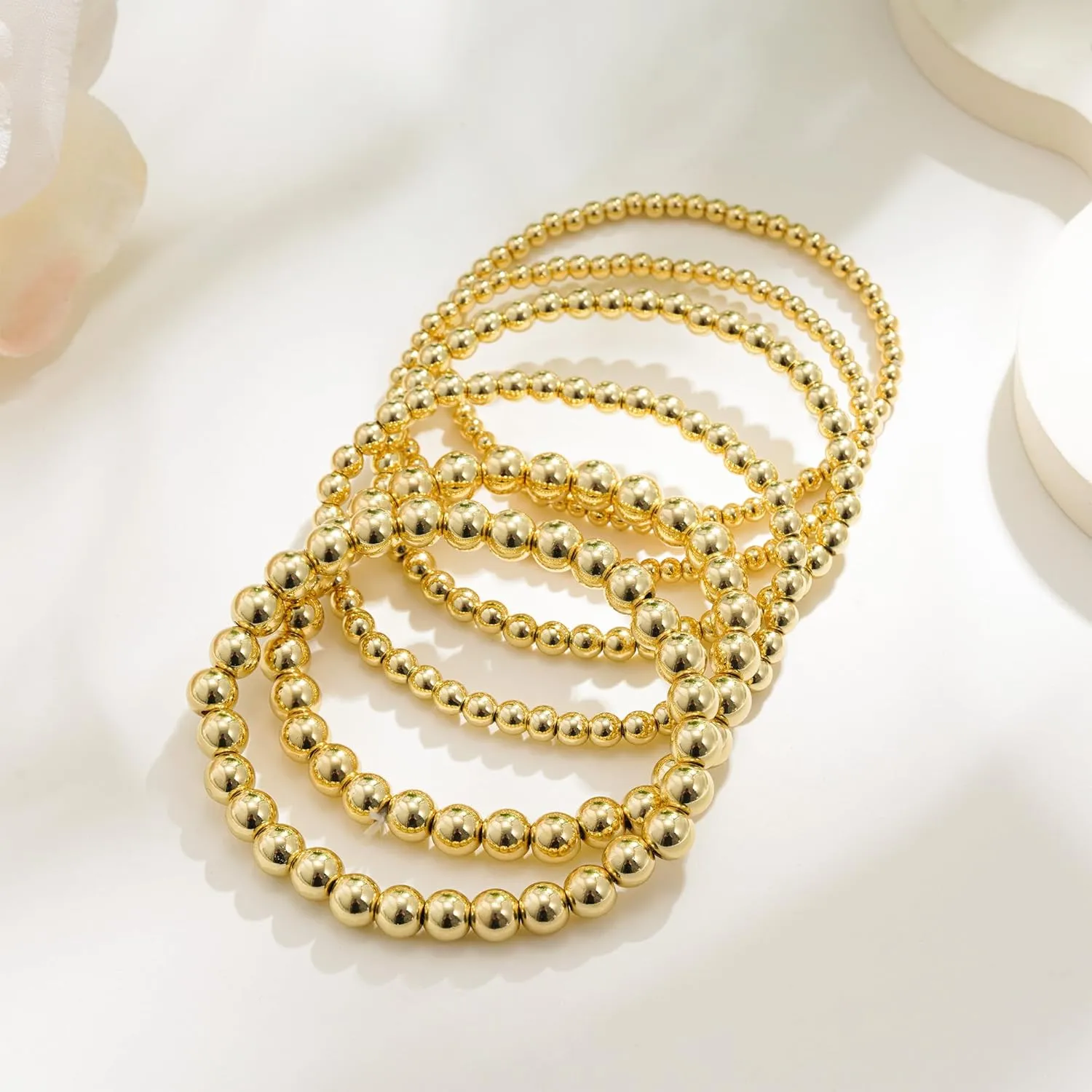 Gold Bracelets for Women, 14K Gold Plated Beaded Bracelets Gold Strand Bead Ball Bracelet Stack Set Adjustable Bracelet Set Waterproof Jewelry for Women Gifts Non Tarnish