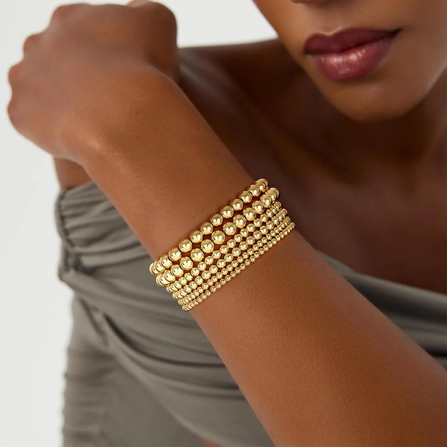 Gold Bracelets for Women, 14K Gold Plated Beaded Bracelets Gold Strand Bead Ball Bracelet Stack Set Adjustable Bracelet Set Waterproof Jewelry for Women Gifts Non Tarnish