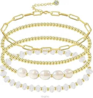 Gold Pearl Crystal Beaded Bracelets Set for Women, 14K Real Gold Pearl Beads Bracelet Stake Paperclip Link Chain Bracelets Bracelets for Women